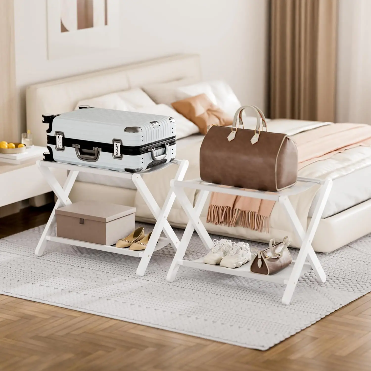 

White Rack Folding Suitcase Stand with Storage Shelf, Bamboo Luggage Holder with 5 Nylon Straps for Guest Room Bedroom Hotel
