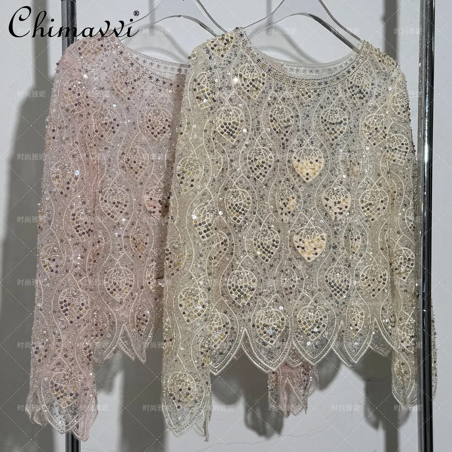 

Fashion Luxurious Sequin Lace Blouse for Women 2026 Spring Summer New Ladies Long Sleeve Round Neck Slim Fit Elegant Pearl Top