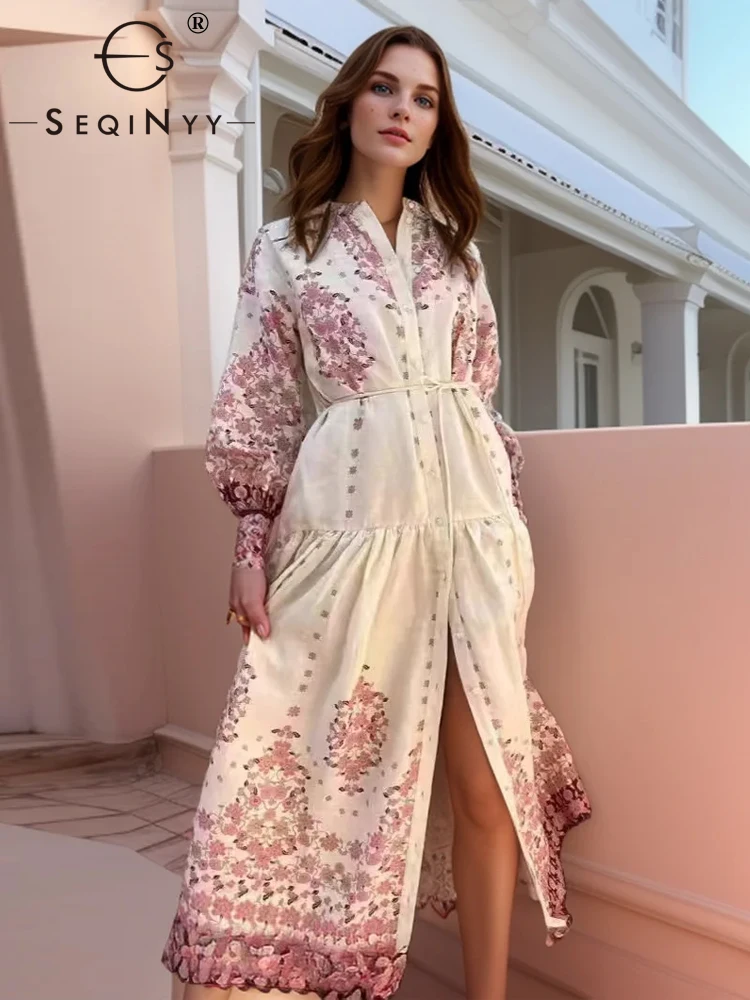 

SEQINYY Elegant Midi Dress Summer Spring New Fashion Design Women Runway Lantern Sleeve Vintage Pink Flower Print Casual Holiday