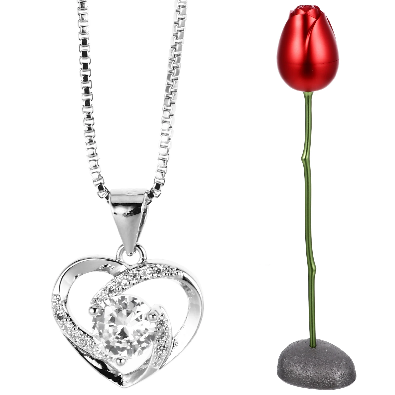 

Heart Shaped Pendant Necklace Rose Flower Earring Set Valentine Day Gifts Romantic Metal Alloy Copper Jewelry Neck Decoration