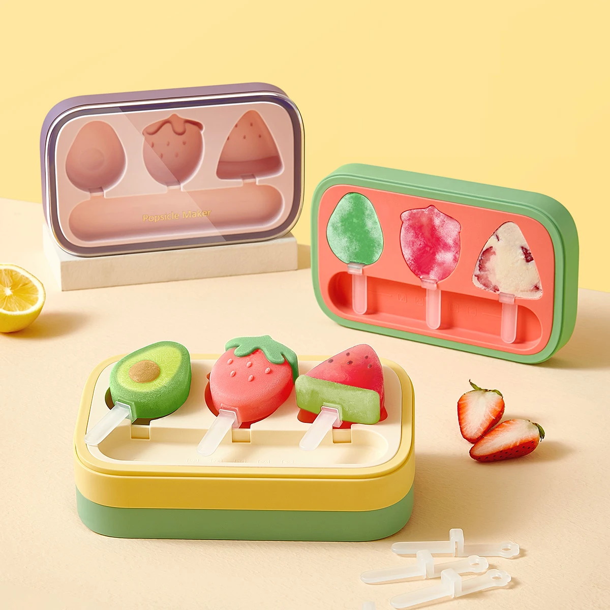 

Food Grade Silicone Fruit Shape Popsicle Mold With Lid Diy Ice Cream Molds Kitchen Freezer Ice Tray Maker