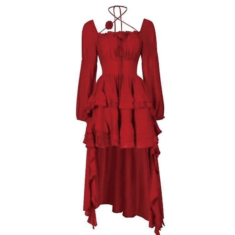 Primavera Nuovo Dweet Kawaii Abito Rosso Ragazza Moda Irregolare Orecchio di Legno Increspature Grande Altalena Coda Treno Fata Abito Corto