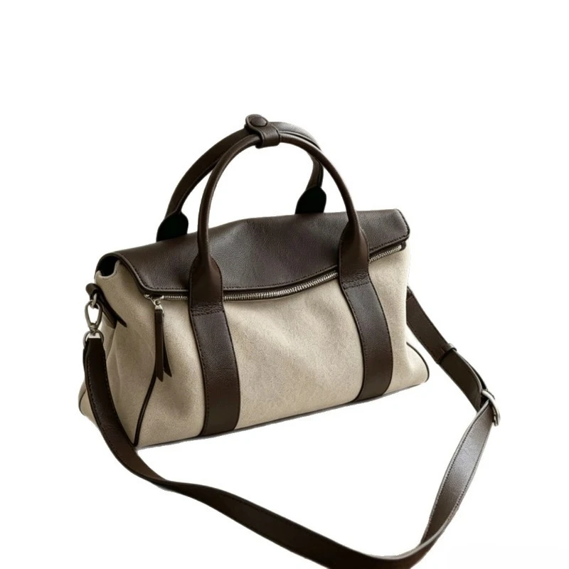 Sophisticated Work Shoulder Bag for Women Genuine Leather Cotton Linen Large Capacity Color Block luxury handbag portable