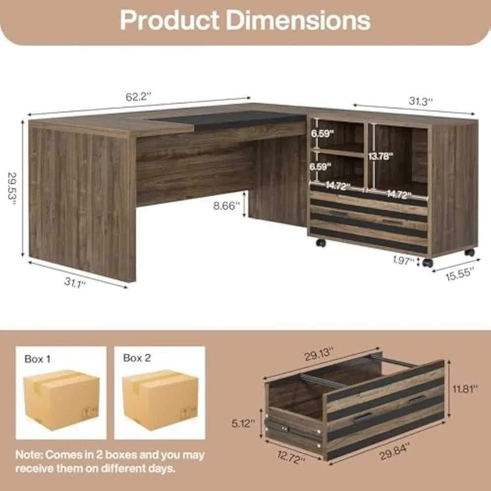 62.2 "Executive Desk Met Mobiele Archiefkast, L-Vormig Kantoor Met Opbergplanken, Groot Computerbureau Zakelijk Werkstation