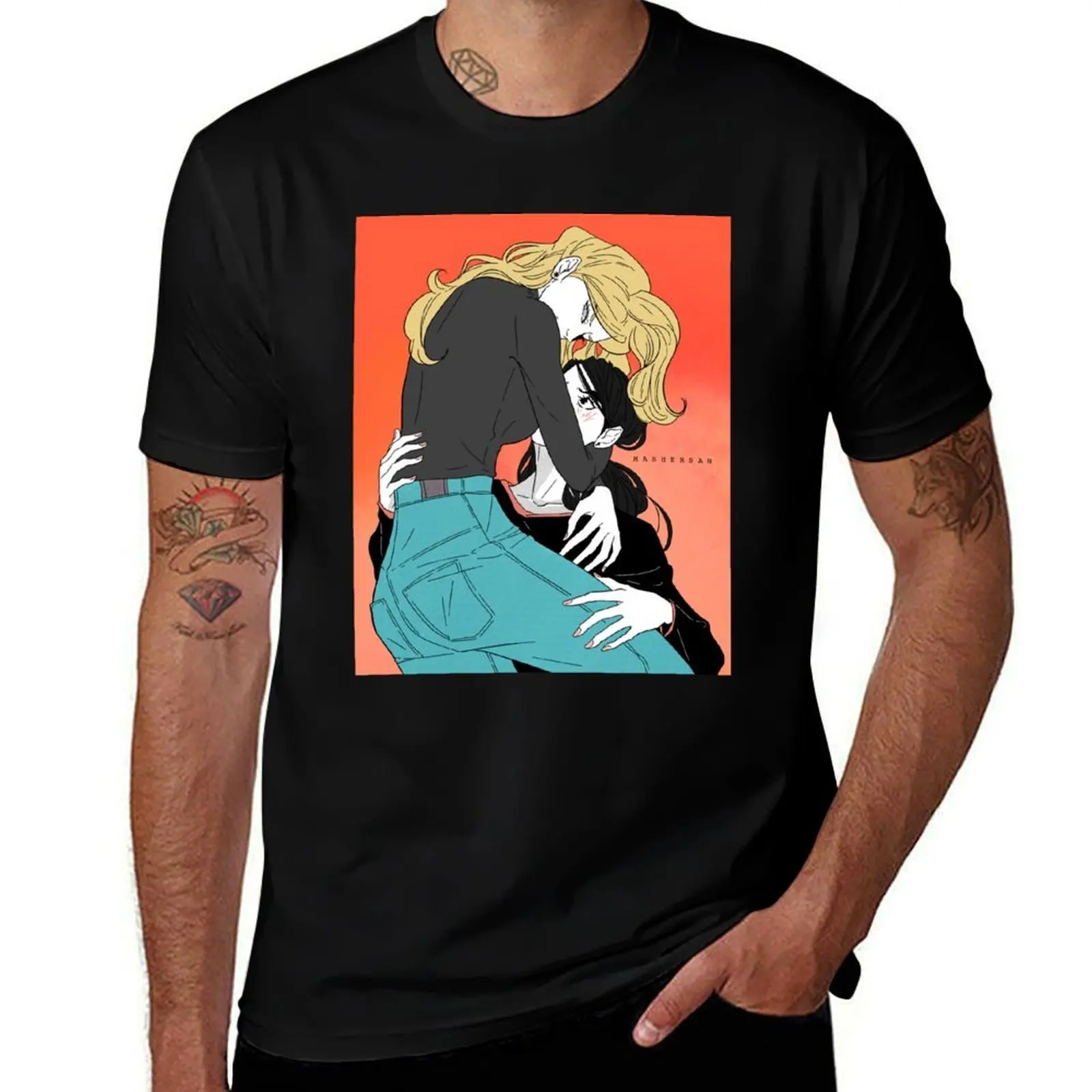 Mitsu and Celia Hug Blindfold Mashersan T-Shirt Minimalist Plain Crew Neck T-Shirt