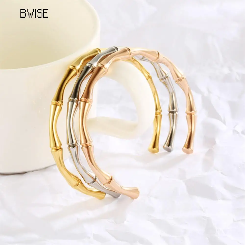 Bwise Stainless Steel Gold Color Bamboo Joint Bangles 2023 Trend Bracelet For Women Men Romantic Party Gift Fashion Jewelry