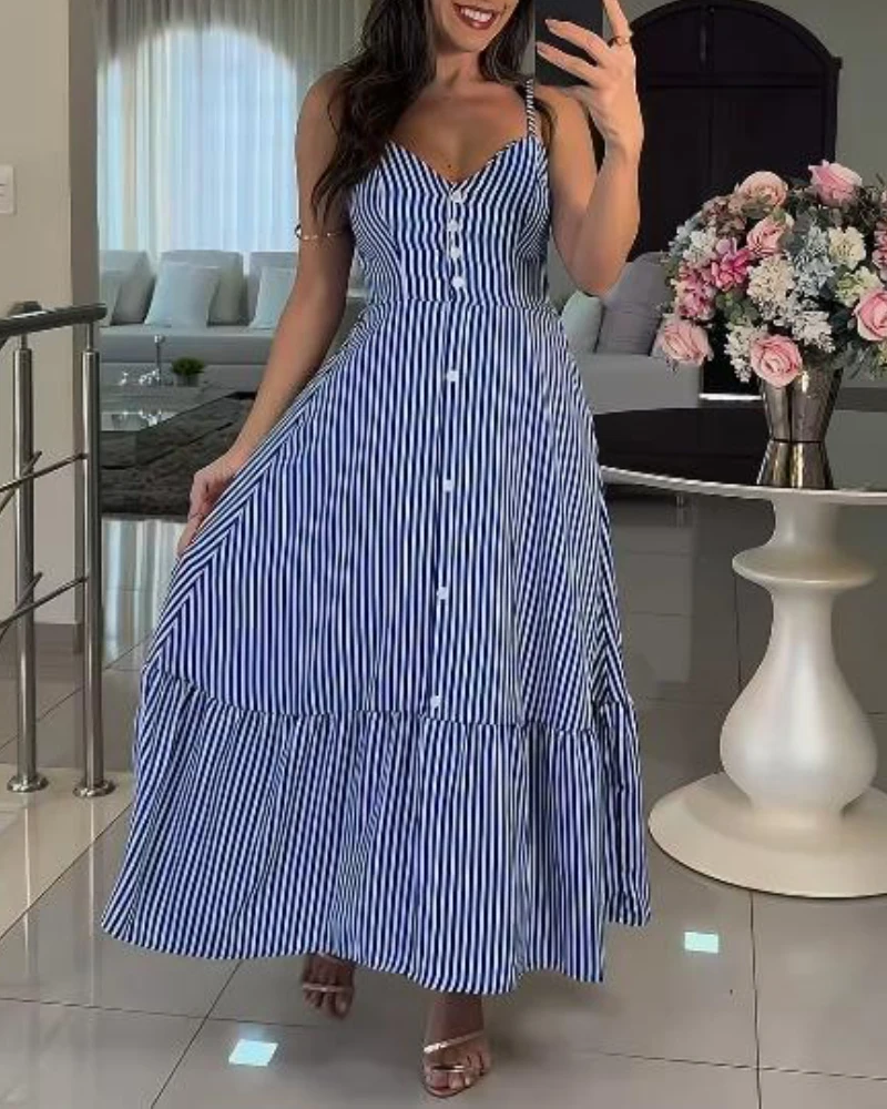 

Striped Print V-Neck Button Up Front Dress, Casual A-Line Slim Shoulder Strap Dress, Women's Summer Elegant High Waisted Dress