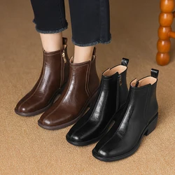 2024 New Winter Round Toe Women Boots Chunky Heel Women Shoes Retro Western Boots Ankle Boots Genuine Leather Chelsea