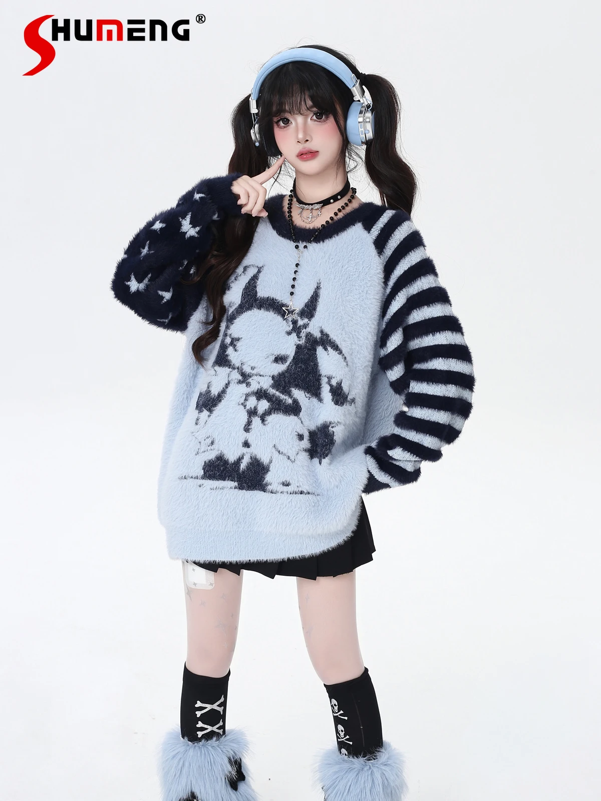 

Fashion Sweet Cool Girl Y2K Knitted Tops Round Neck Striped Star Long Sleeve Loose Slim Soft Pullovers Sweaters for Women Autumn