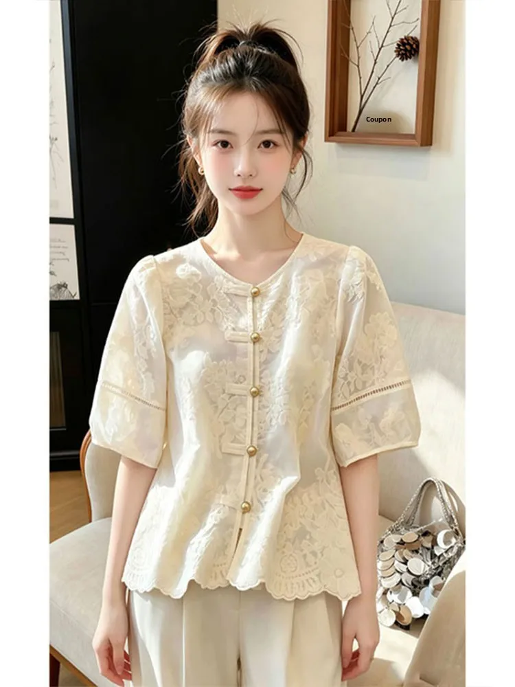 

Retro New Chinese Style Embroidered Shirt Women Summer Loose Bubble Sleeve Stand Collar Gold Button Slimming Floral Blouse
