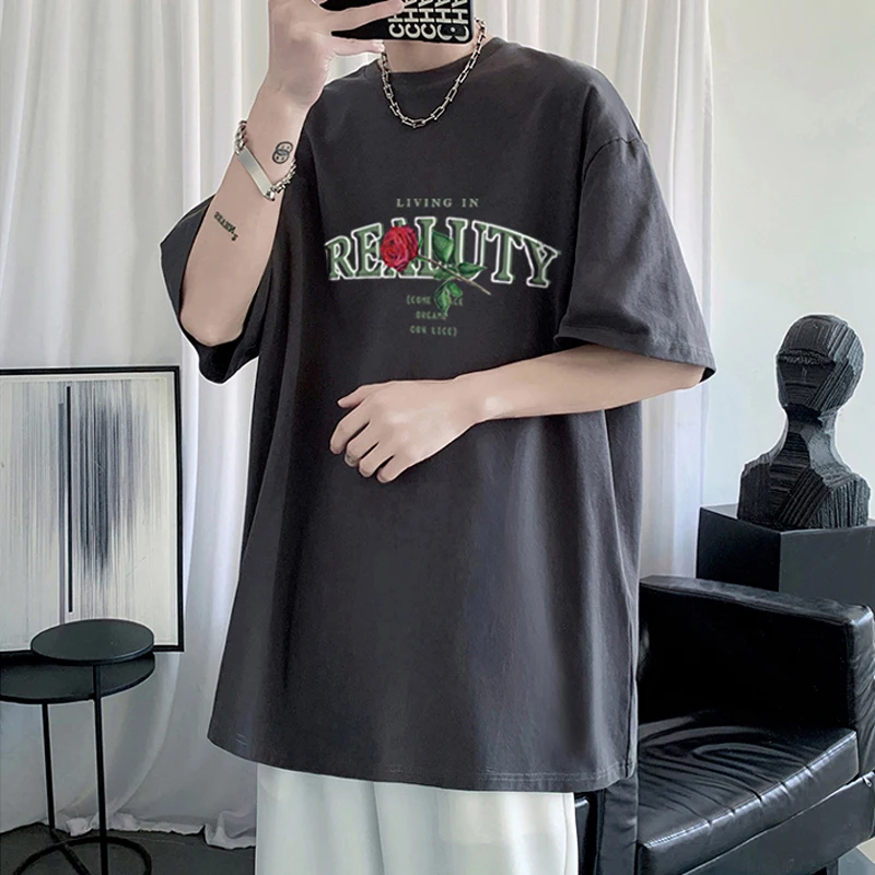 

Vintage Short Sleeve High Street Men's Summer Small Neckline Seven-Point Sleeve Oversize Cotton Couple Half Sleeve T-Shirt Black