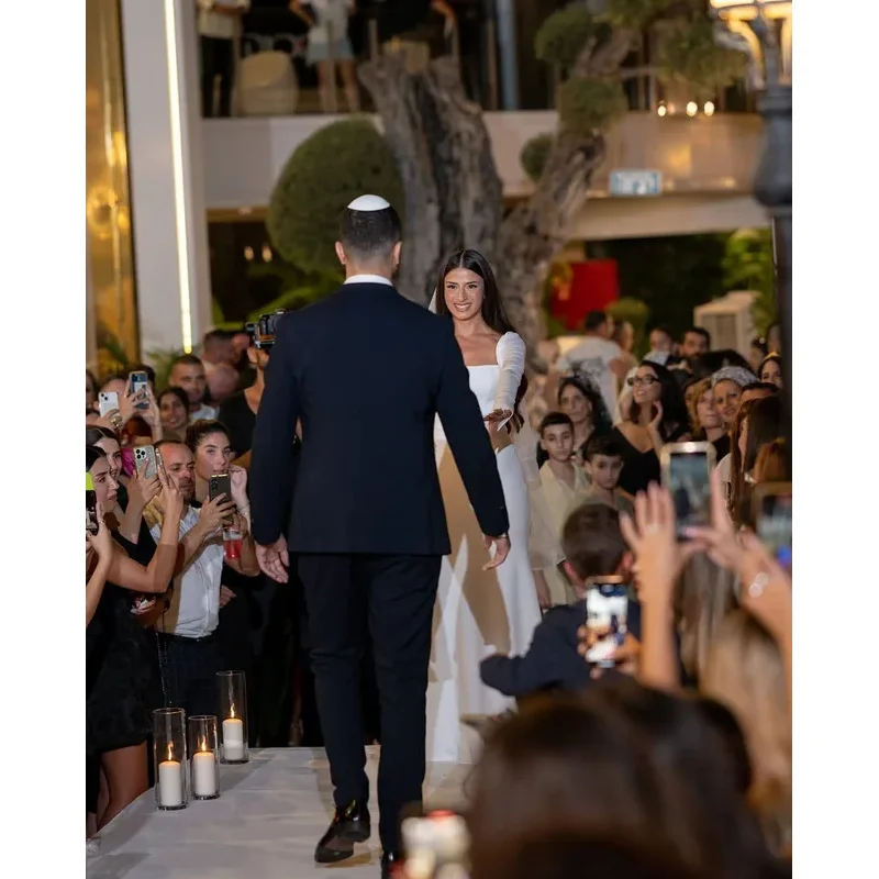 Elegant Long Sleeve Square Neck A-Line Wedding Dress With Train Customizable Bridal Gown For Bride  Reception Party Ceremony