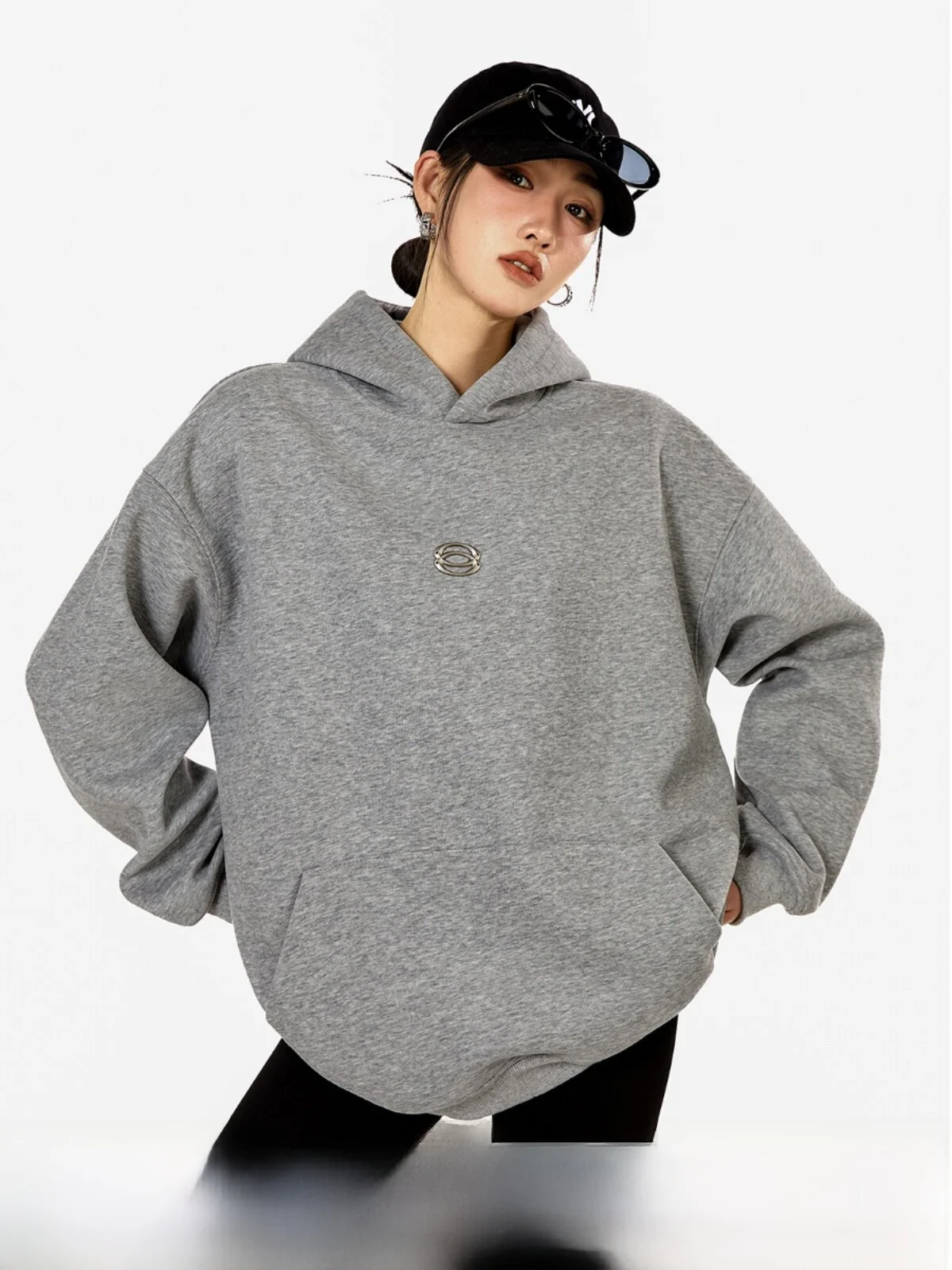 

Ich Mode American Style Heavyweight Hooded Grey Sweatshirt Women's Loose Overhead Jacket New Spring Oversize Cotton Polyester