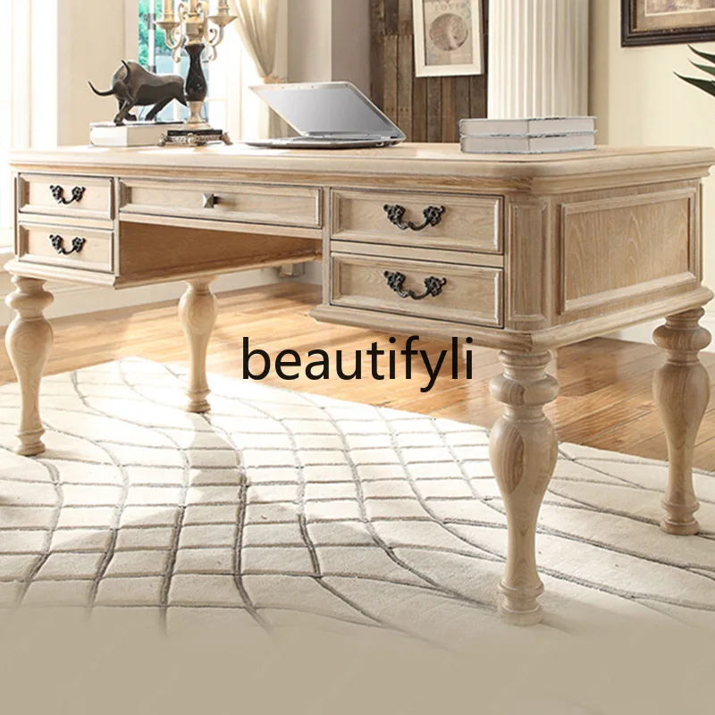 

American Country Style Solid Wood Desk French Vintage Distressed Architectural Revival Oak Carved Dressing Table