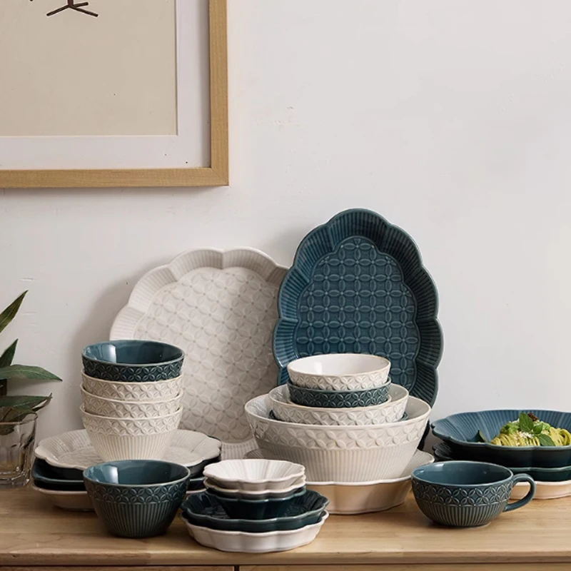 creative-ceramic-plate-european-tabletop-tableware-set-handmade-embossed-fruit-dish-modern-home-decoration