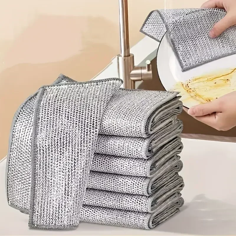 50/1pcs Magic Dishcloth Silver Wire Cleaning Cloths Kitchen Dish Pot Washing Cloth Double-sided Thickened Towels Steel Wire Rags