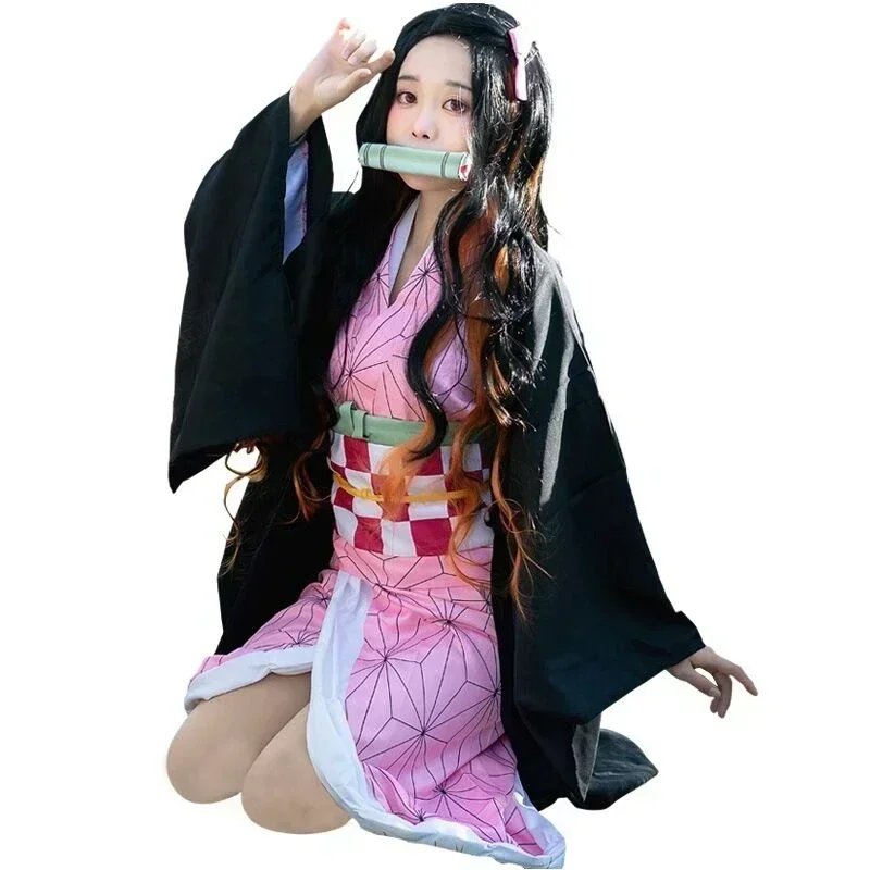 Anime Kimetsu No Yaiba Kamado Nezuko Cosplay Kostuum Kimono Demon Slayer Cosplay Pruiken Haren Halloween Carnaval Vrouwen Outfit