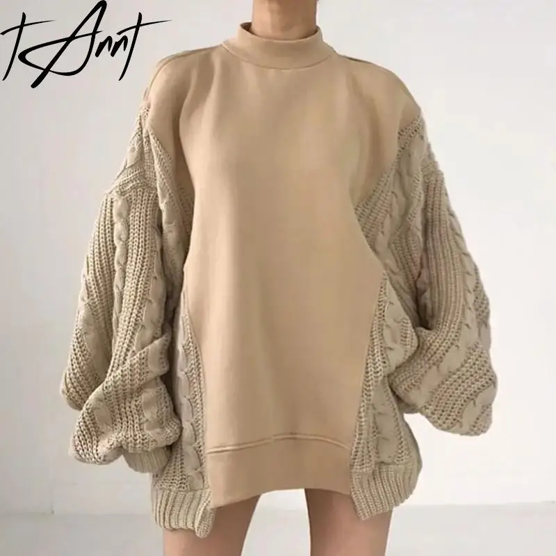 Tannt Women Hoodies Knitting Patchwork Asymmetry Oversized Sweater Tops Irregular Color Matching Long Pullovers Coats 2023 New