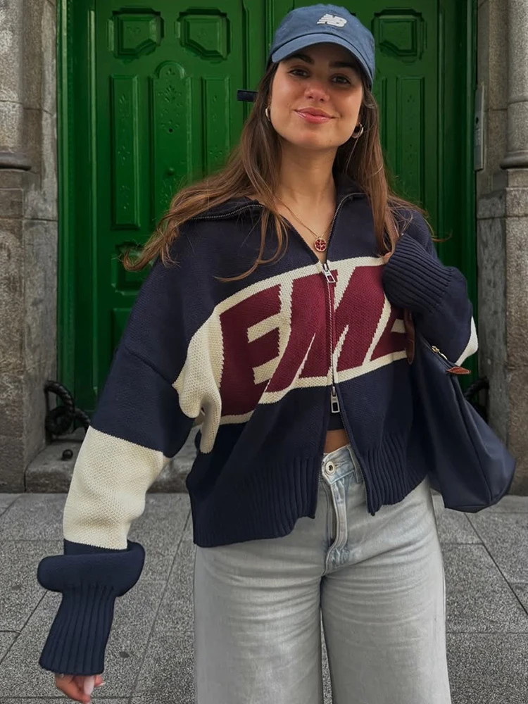 

Tuularose Fashion Print Cardigan Vintage Contrast Collar Zipper Sweaters Chic Commuter High-Street Casual Autumn Women's Sweater