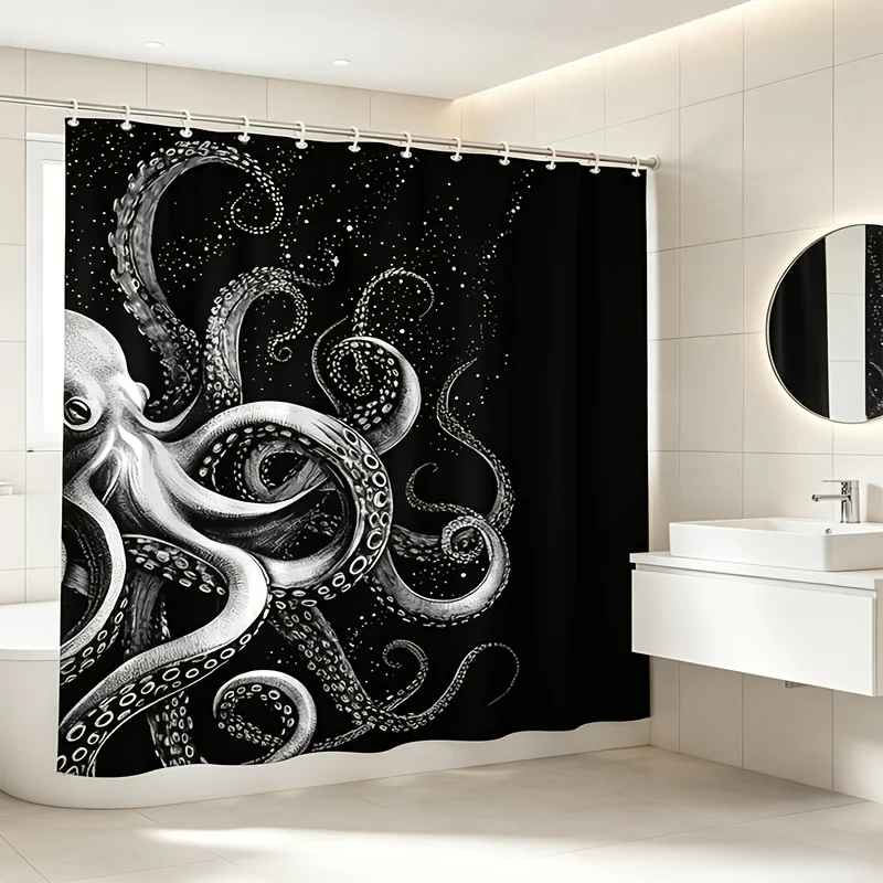 2D Flat, 2D Flat, 1pc Black And White Sketch Retro Marine Art Style Shower Curtain, 2D Flat Printing, Featuring Black And White