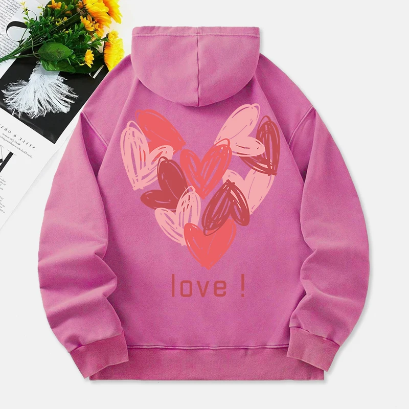 Love Heart Washed Hoodies Women Pink Graffiti Printing Cotton Streetwear Oversize Pocket Warm Pullovers Winter Womans Clothes