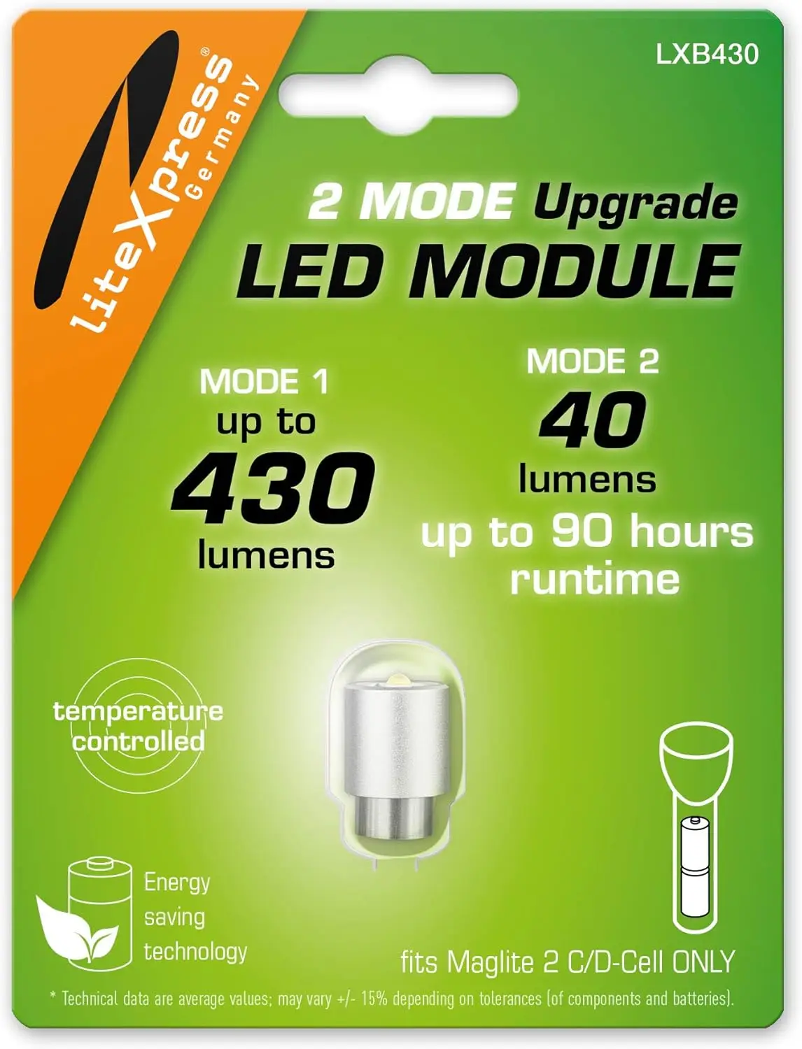 

Модуль светодиодного освещения с 2 режимами для фонарей Maglite, 430 или 40 люмен, с регулировкой яркости