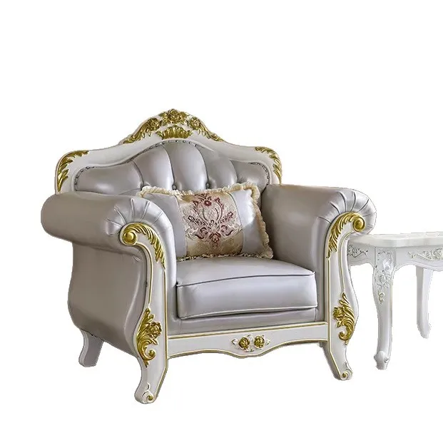

YJQ European leather sofa living room leather size apartment American full solid wood carving flower sofa simple