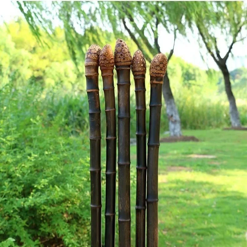 Natural Purple Bamboo Carving Walking Sticks Old Man Mountain Climbing Outdoors Camping Professional Accessories Outdoor Sports