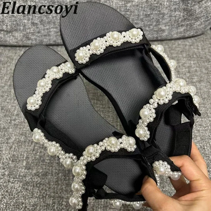 New Sandals OpenToe Thick Sole Sandalias Women's Pearl Flower Decor Flat Bottom Gladiator Summer Vacation Sandy Beach Shoes