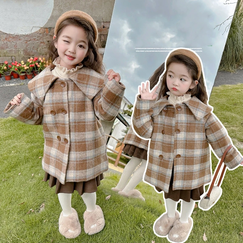 

Girls Woolen Coat Jacket Windbreak 2023 Warm Thicken Winter Cotton Overcoat Plus Size Children's Clothing