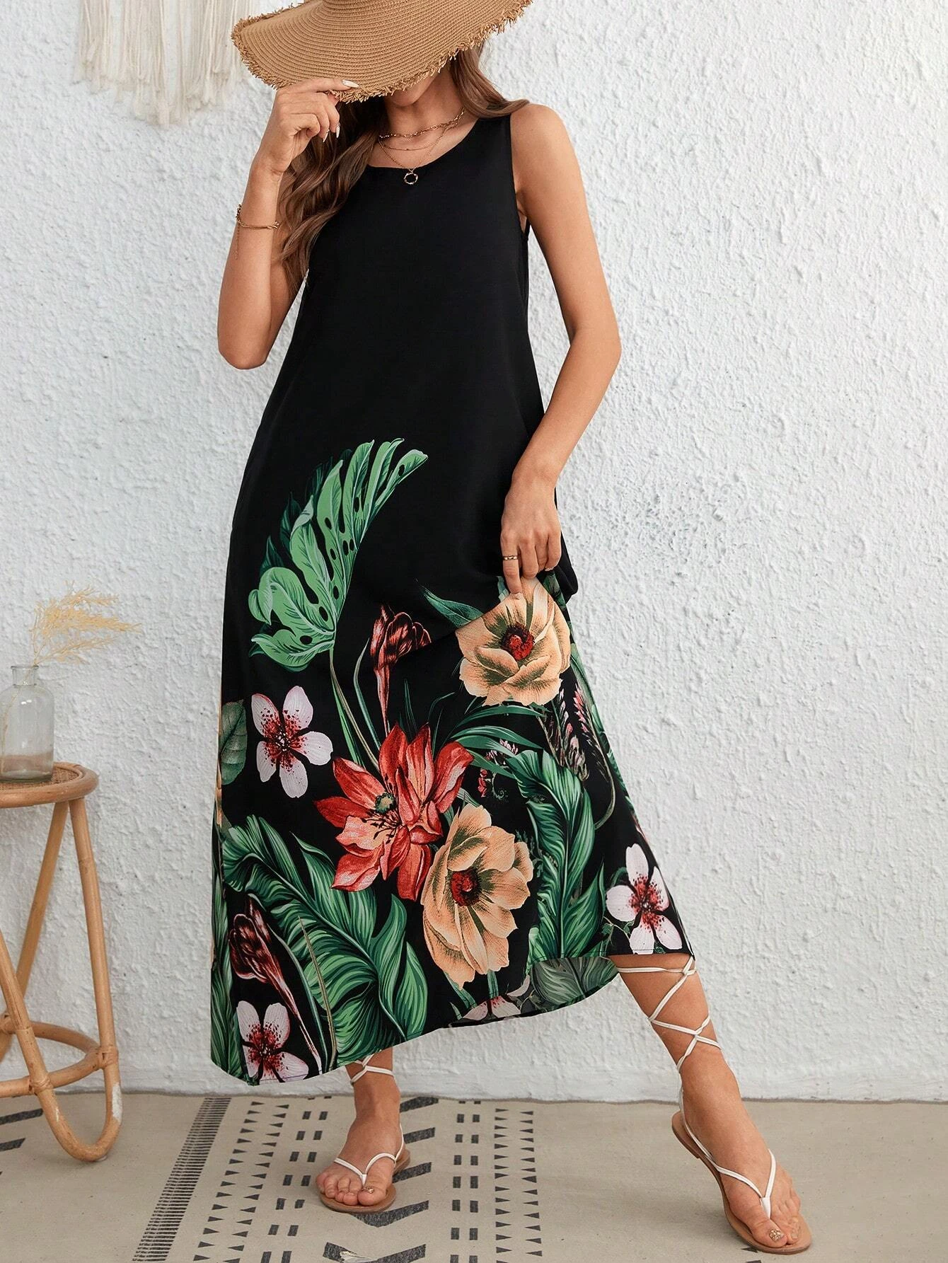 Floral Print Crew Neck Tank Dress, Elegant Sleeveless Loose Tank Dress For Spring & Summer, Women's Clothing