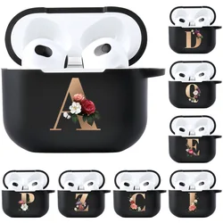 Floral ouro inicial alfabeto letra caso para airpods 2 3 pro silicone preto sem fio bluetooth caso vagens de ar 3 2 pro fosco capa