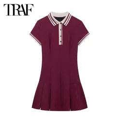 TRAF Winered Short Dresses Women's 2024 Summer Autumn Elegant Stripe Pleated Mini Dress Ladies Fashion Casual Short Sleeve Dress