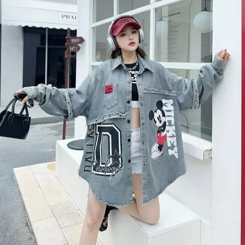 

Women's Mickey Mouse Oversized Distressed Denim Shirt Jacket - Patchwork Letter Graphic Trendy Casual Mid-Length Outerwear