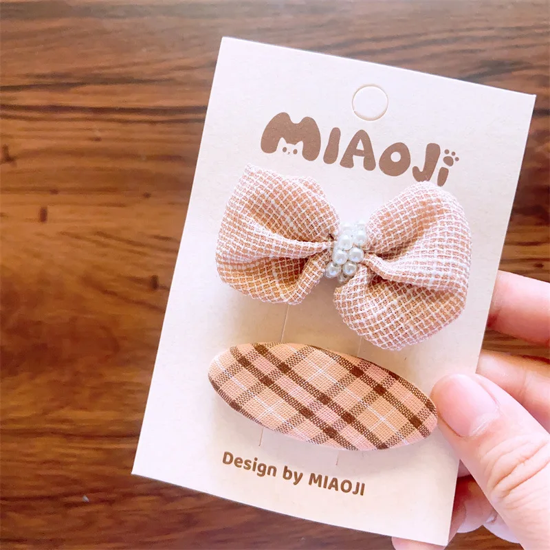 2pcs/set Cute Bow Hairclip For Girls Kids Embroidery Flower Hair Clips Baby Plaid Hair Pins Child Barettes Kawaii Hair Acessorie