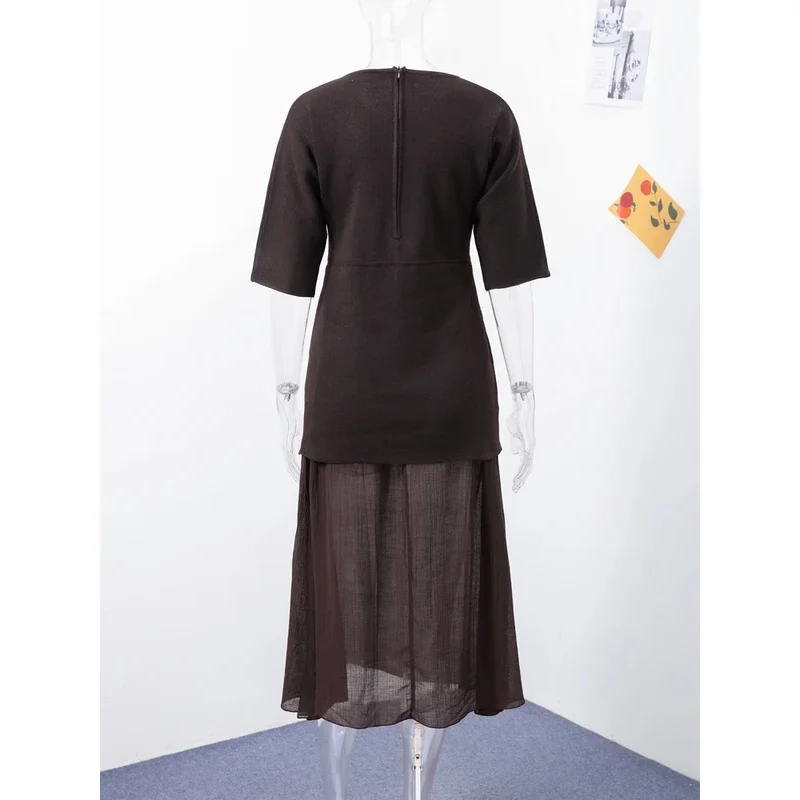 Bonny moda lavorato a maglia manica corta patchwork pieghettato abito longuette donna elegante o-collo a vita alta abito lungo da festa abito da donna