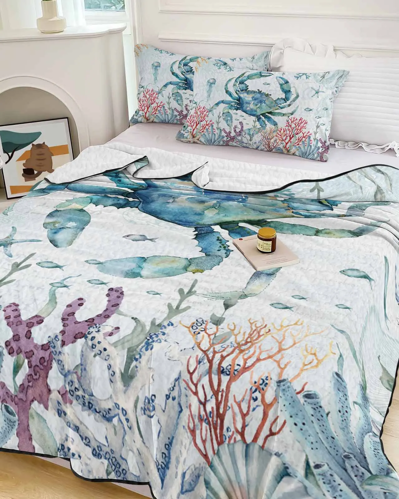 Summer Ocean Coral Blue Crab Starfish Jellyfish Summer Cooling Quilt Air Condition Blanket Comfortable Lightweight Thin Quilt