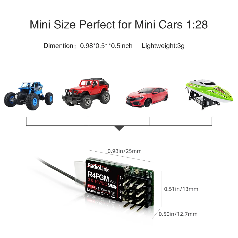 Radiolink R4FGM V2.2 3-10V 4 Channel Mini Receiver with Gyro for 1:28 1:64 RC Pocket Drift Car Hotwheel for RC4GS RC6GS RC8X