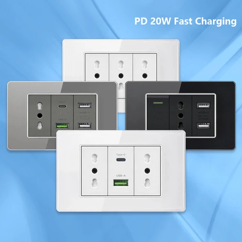Enchufe italiano Chile con USB Dual tipo C PD 3,0 20W carga rápida Panel de vidrio templado blanco interruptor de luz de pared toma de corriente de TV