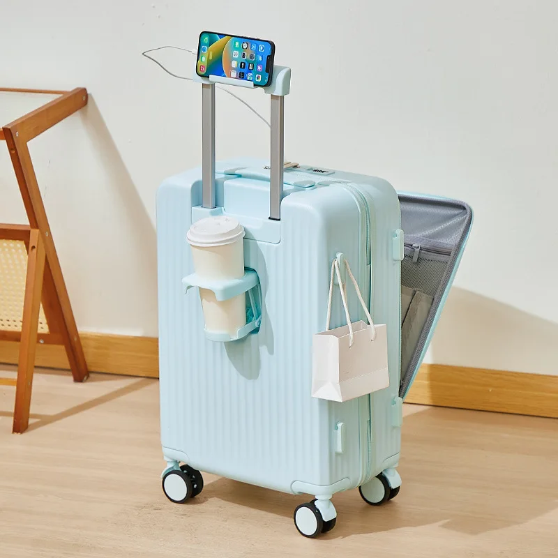 20/24/26 بوصة المتداول الأمتعة حقيبة سفر الجبهة افتتاح مع حامل الكأس حمل على الأمتعة الصعود حقيبة تروللي بعجلات