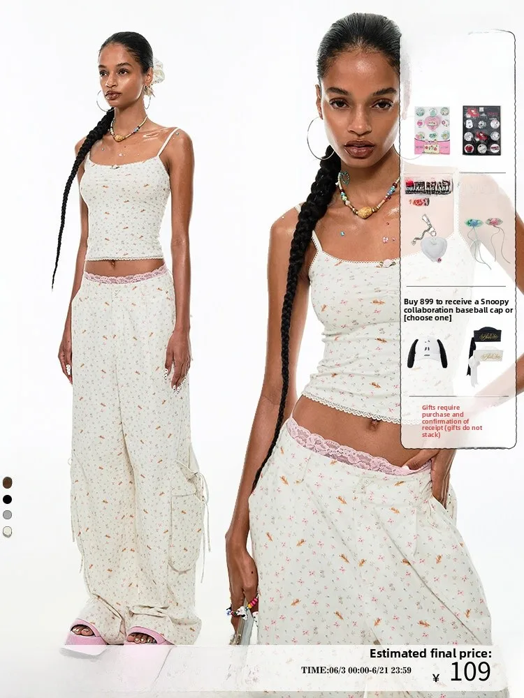 

1JINN STUDIO Floral Dog Print Crop Top Halter Neck Vest Waist Cinched Summer Slimming Women's Sweet Style Fashion Vest