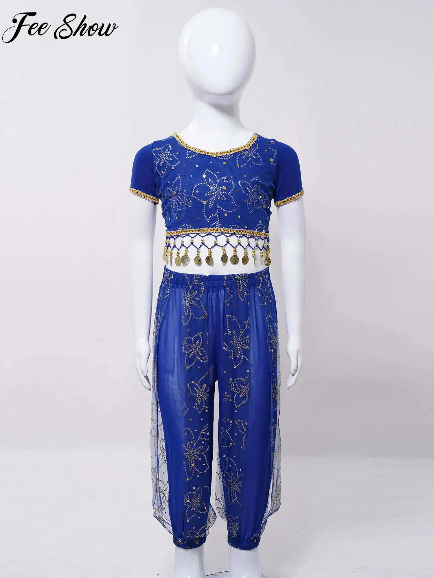Girls Belly Dance Outfits Short Sleeve Shiny Sequins Crop Top with Bloomers Pants Waist Chain Set for Halloween Carnival Party