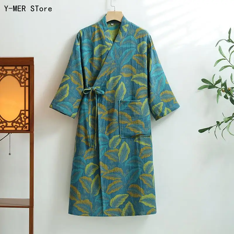 Spring Autumn Chinese Style Bathrobe Double Layer Gauze 100% Cotton Quick Dry Men Women Home Robe Loungewear Sleepwear 5