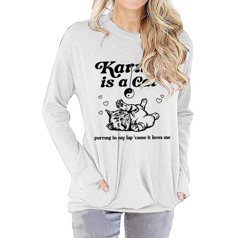 Karma Is A Cat Print Round Neck Lady Pullover Fashion Ladies Plus Size Long Sleeve Shirts Women Casual Loose Long Sleeve T-shirt