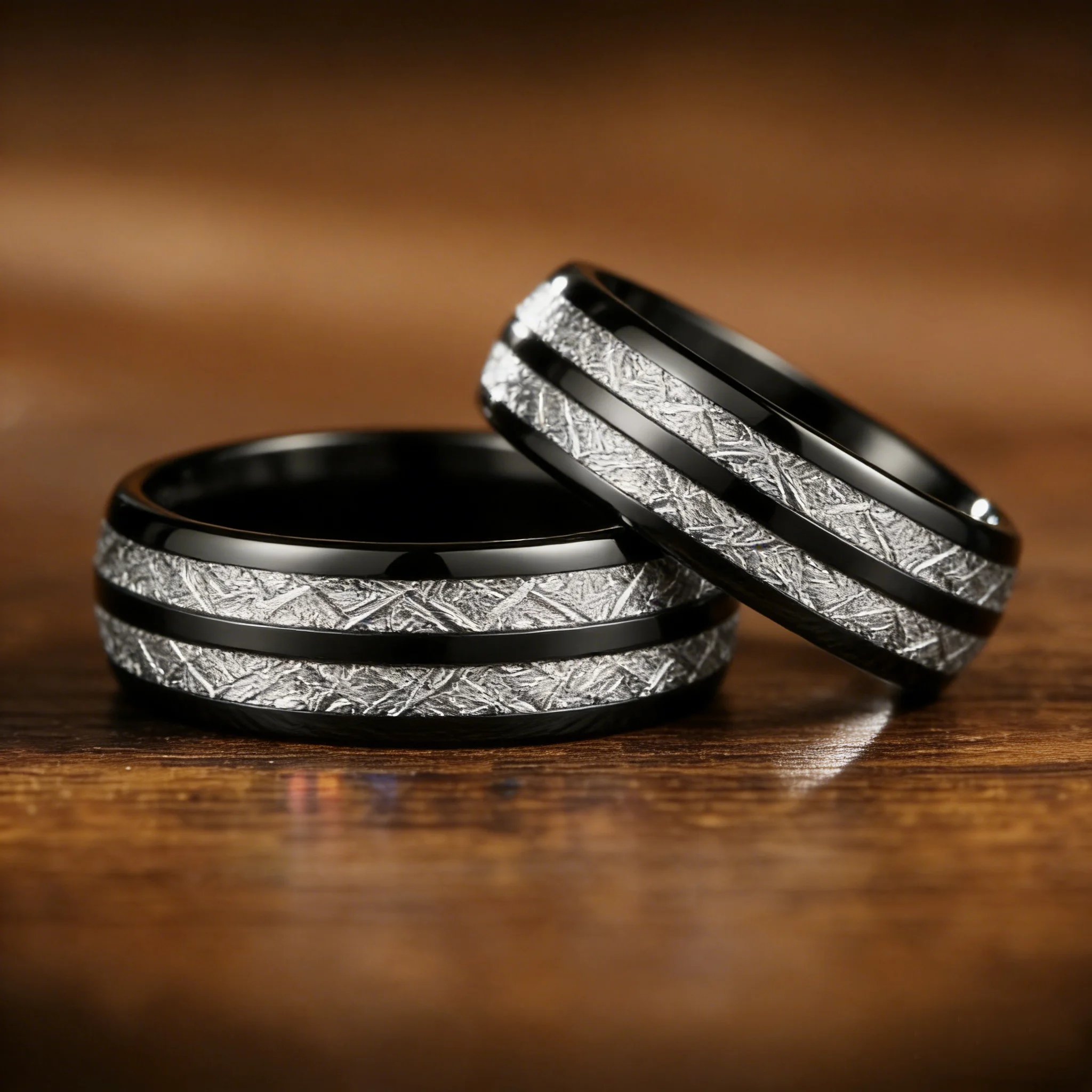 Fashion 8mm Black Color Stainless Steel Rings for Men Double Groove Meteorite Inlay Dome Men Finger Ring Wedding Band Jewelry