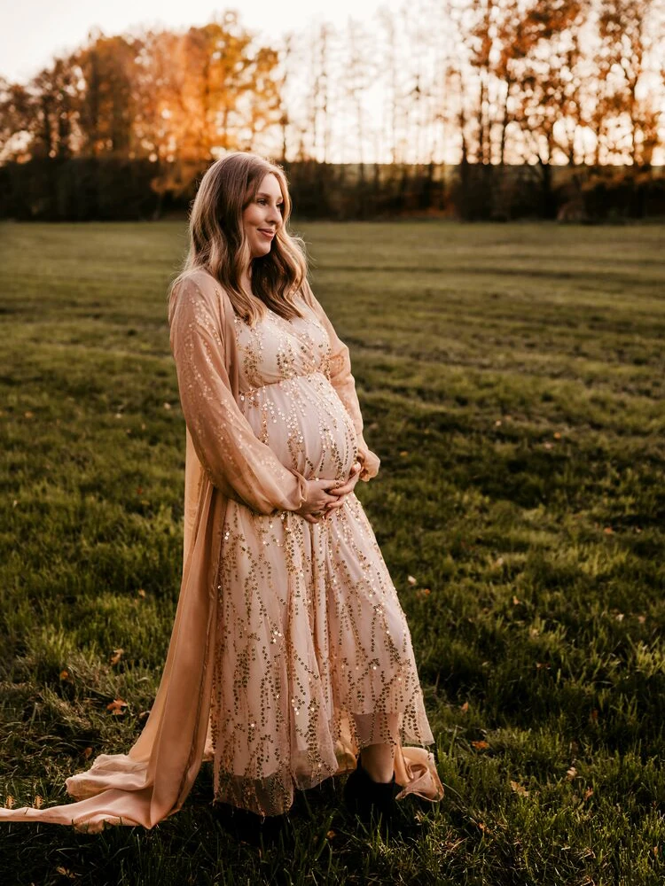 

Элегантное платье для беременных с пайетками, бежевое платье для фотосессии с длинным рукавом и v-образным вырезом, платье для беременных, винтажные блестящие платья для фотосессии