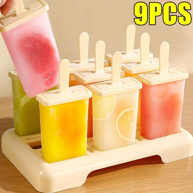 

9pcs/set Ice Cream Mold Food-grade Ice Cream Box with Plastic Stick DIY Ice Cream Maker Machine Home Kitchen Tools Accessories