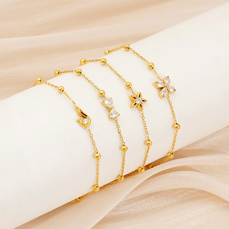 

10Pcs Fashion Stainless Steel Gold Plated Beads For Jewelry Making Flower Zircon Charms Bracelets for Women