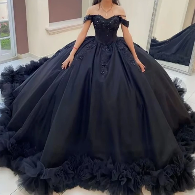 

Elegant Black Women Birthday Party Dresses Off Shoulder Lace Applique Ball Gown Sweep Train Prom Occasion Wear Quinceanera Dress