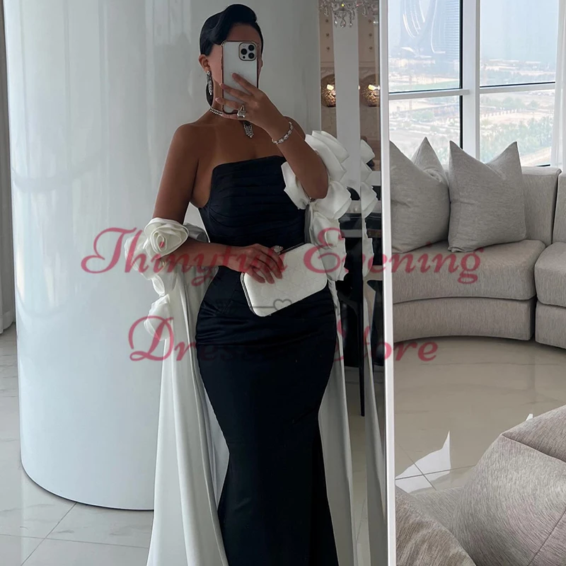 Thinyfull Sexy Mermaid Prom Evening Dresses Black Strapless Night Dress With Shawl Formal Cocktail Party Prom Gowns Plus Size